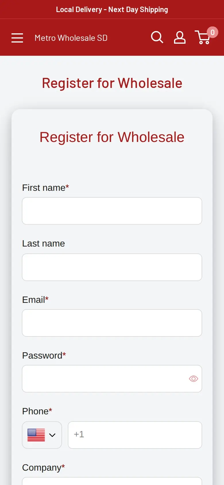 Metro Wholesale SD wholesale registration form on a phone