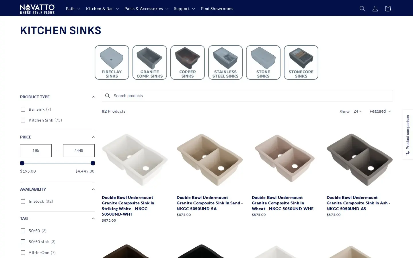 Novatto kitchen sinks collection page with filters and retail prices visible to guests