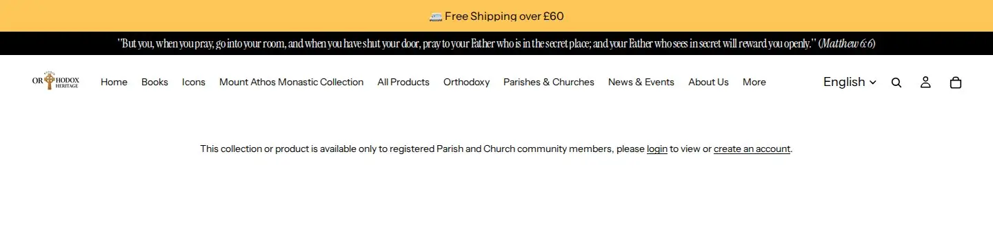 Orthodox Heritage page showing a message that the collection is only available to registered Parish and Church community members