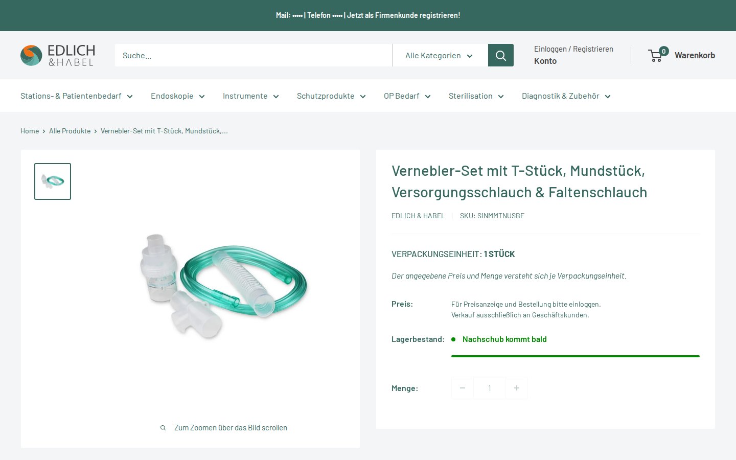 Product page of a nebulizer set on the Edlich & Habel store where the price is replaced by a message asking business customers to log in