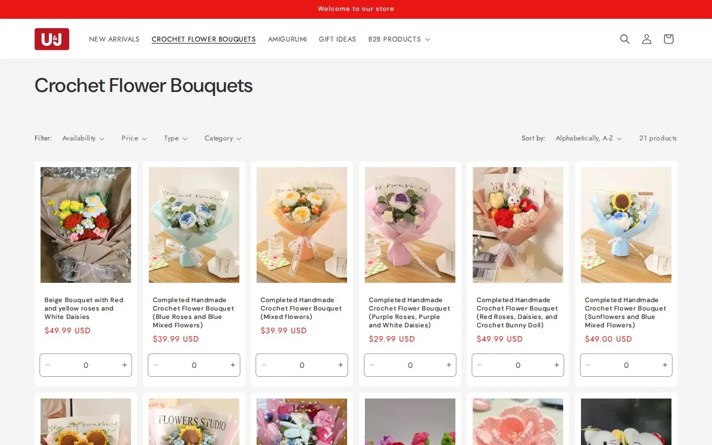 Shop U&J crochet flower bouquets collection with prices and quantity selectors visible to guests
