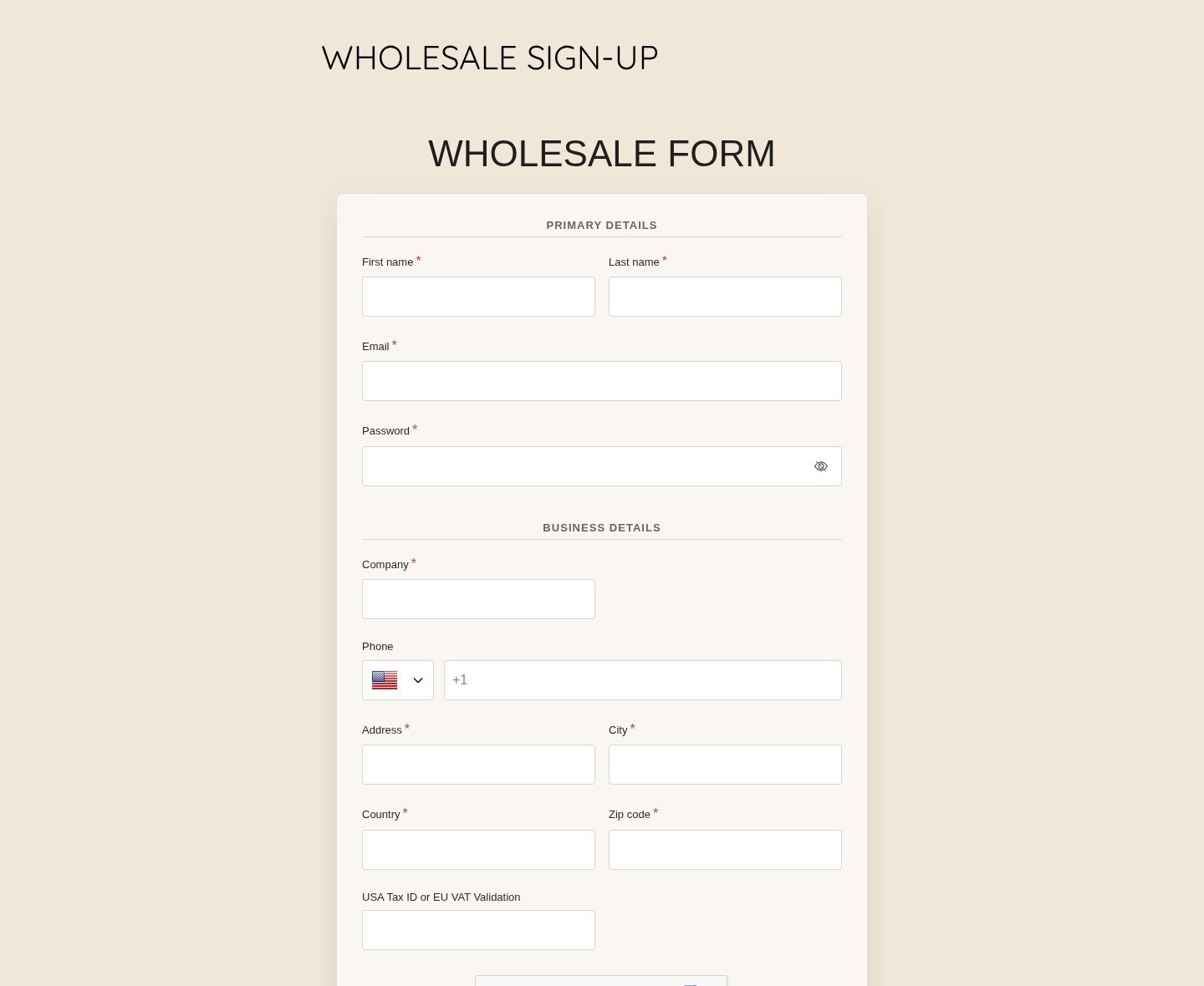 Paw Paw by Jeanne wholesale sign-up form with primary details, business details and a tax ID or EU VAT validation field