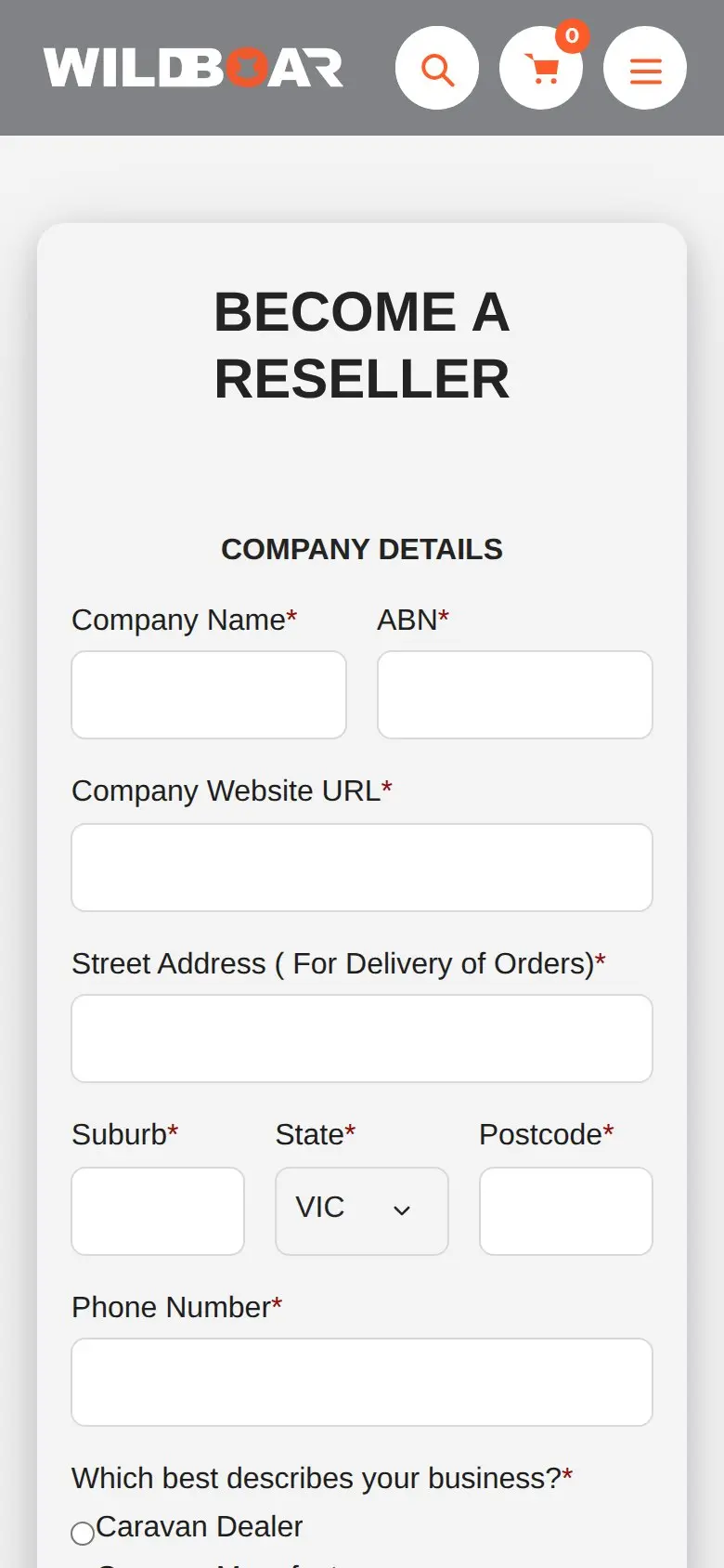 Wild Boar Become a Reseller form on a phone showing company name and ABN fields