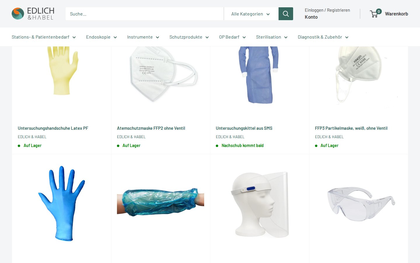 Collection page of protective products on the Edlich & Habel store showing product names and stock status but no prices
