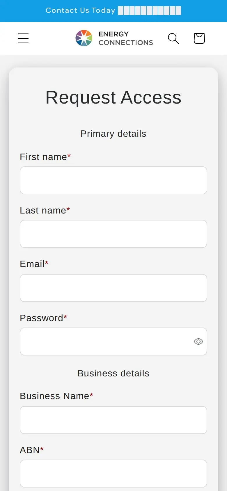 Energy Connections Request Access form on a phone