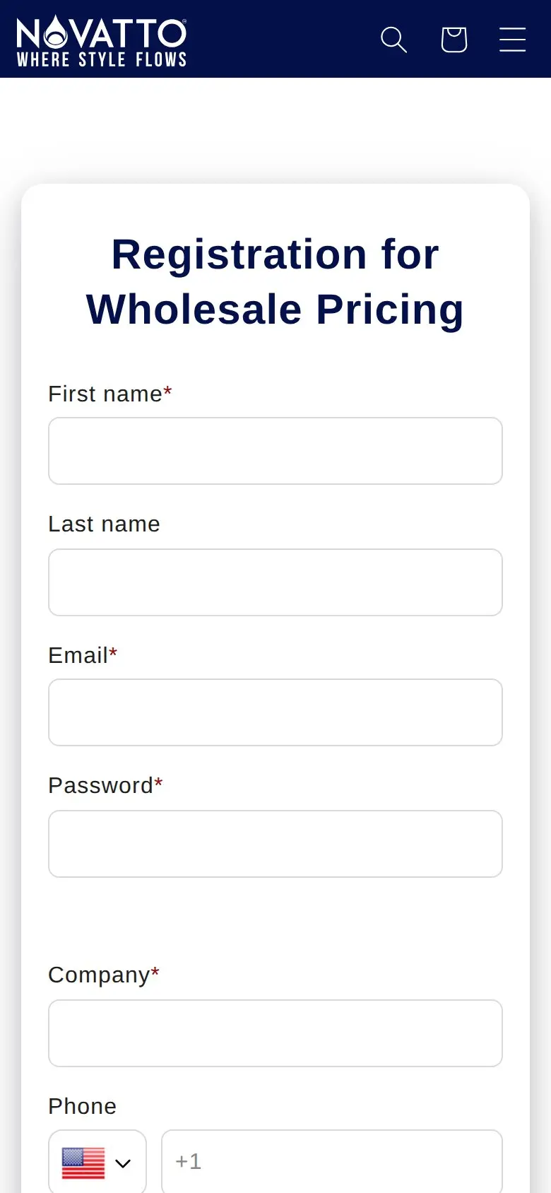 Novatto wholesale registration form on a phone, single column with required field markers