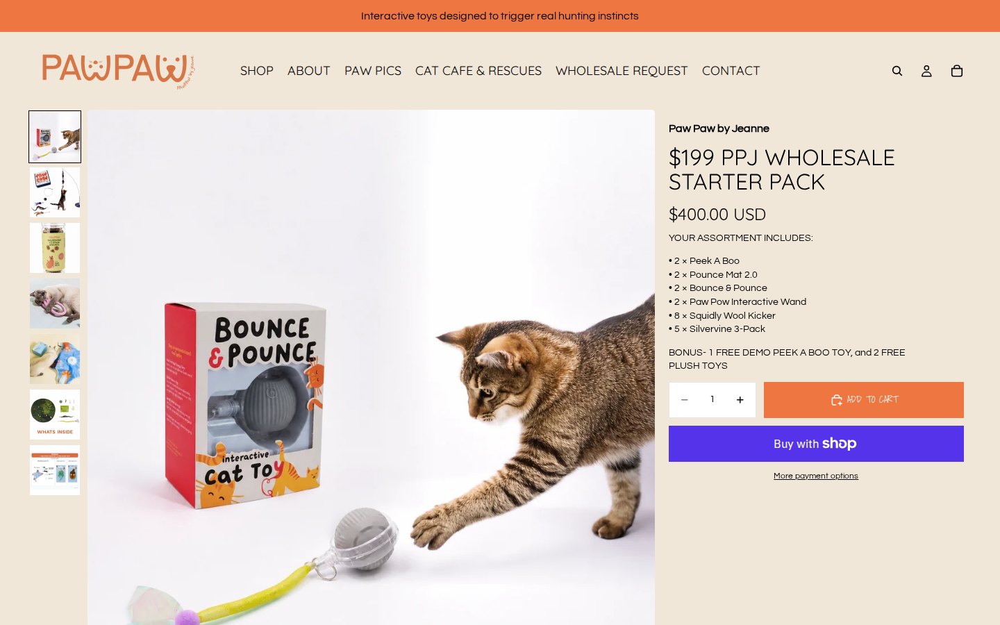 Paw Paw by Jeanne starter pack product page listing included toys and a price