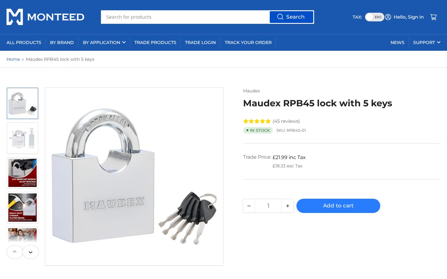 Monteed product page for a padlock showing a price labeled Trade Price with tax included and excluded and an Add to cart button