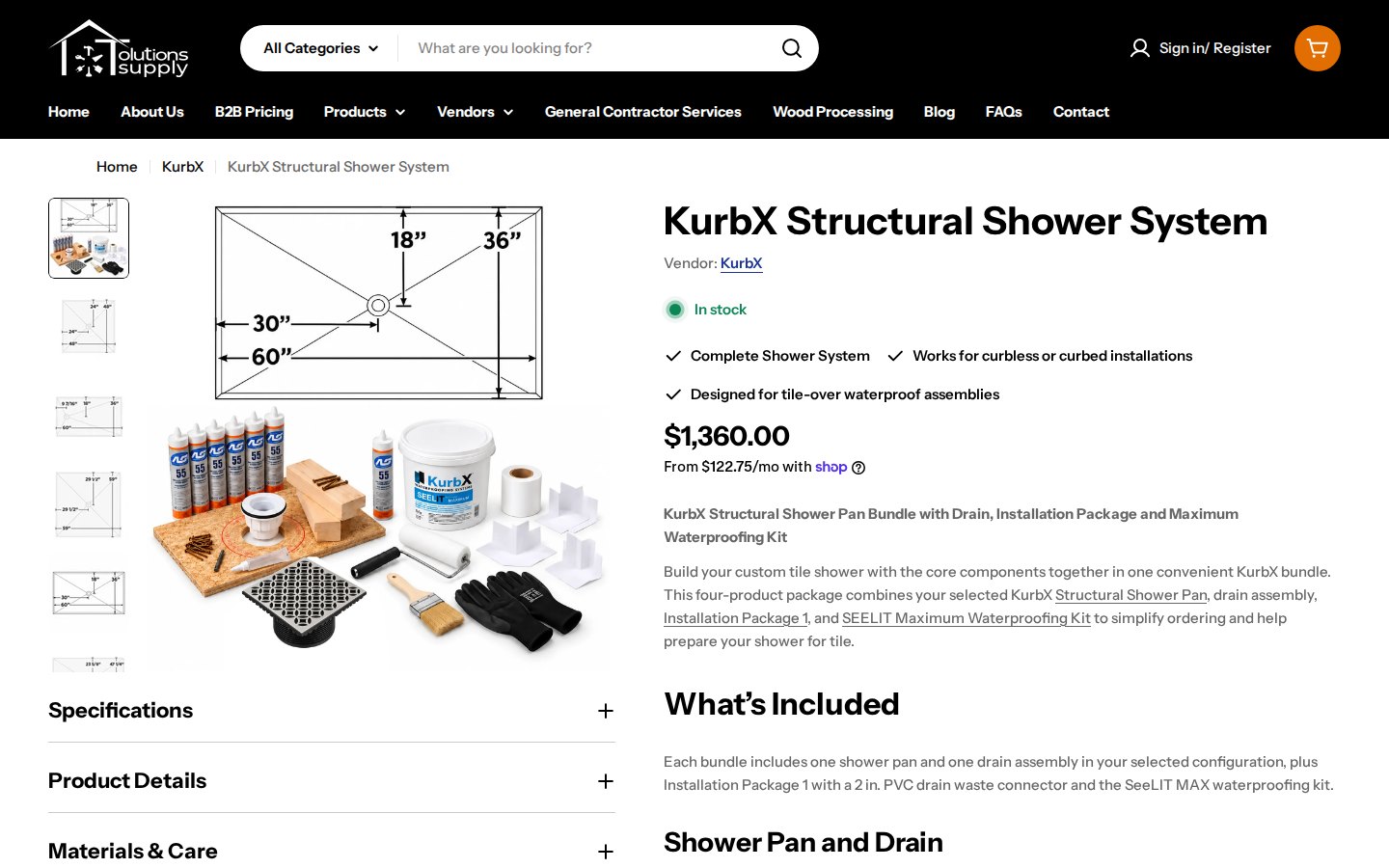 Tolutions Supply product page for a structural shower system showing the list price and a login link in the header