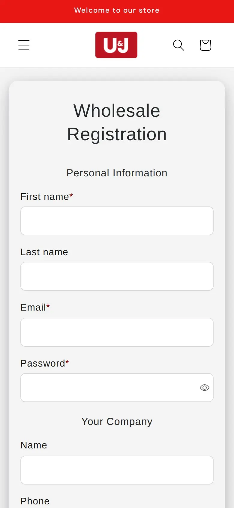 Shop U&J Wholesale Registration form on a phone