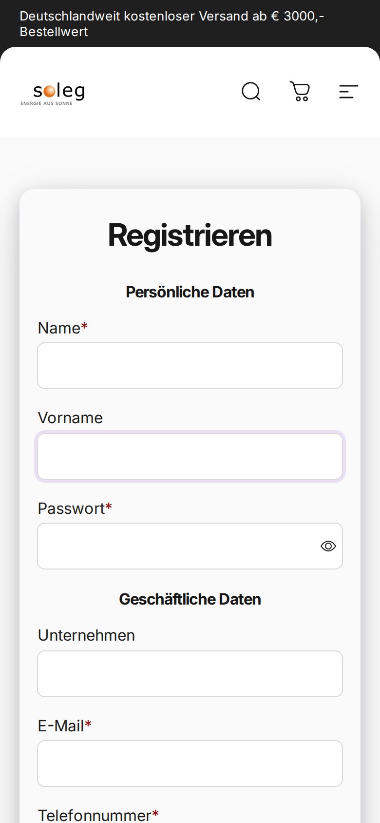 Mobile view of the soleg registration form
