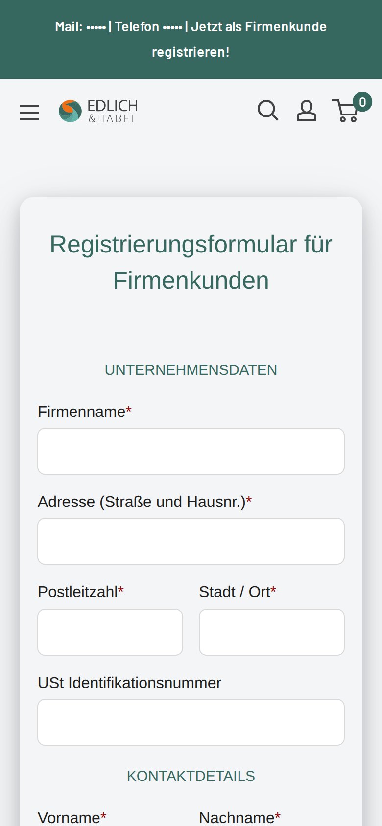 Mobile view of the Edlich & Habel business registration form