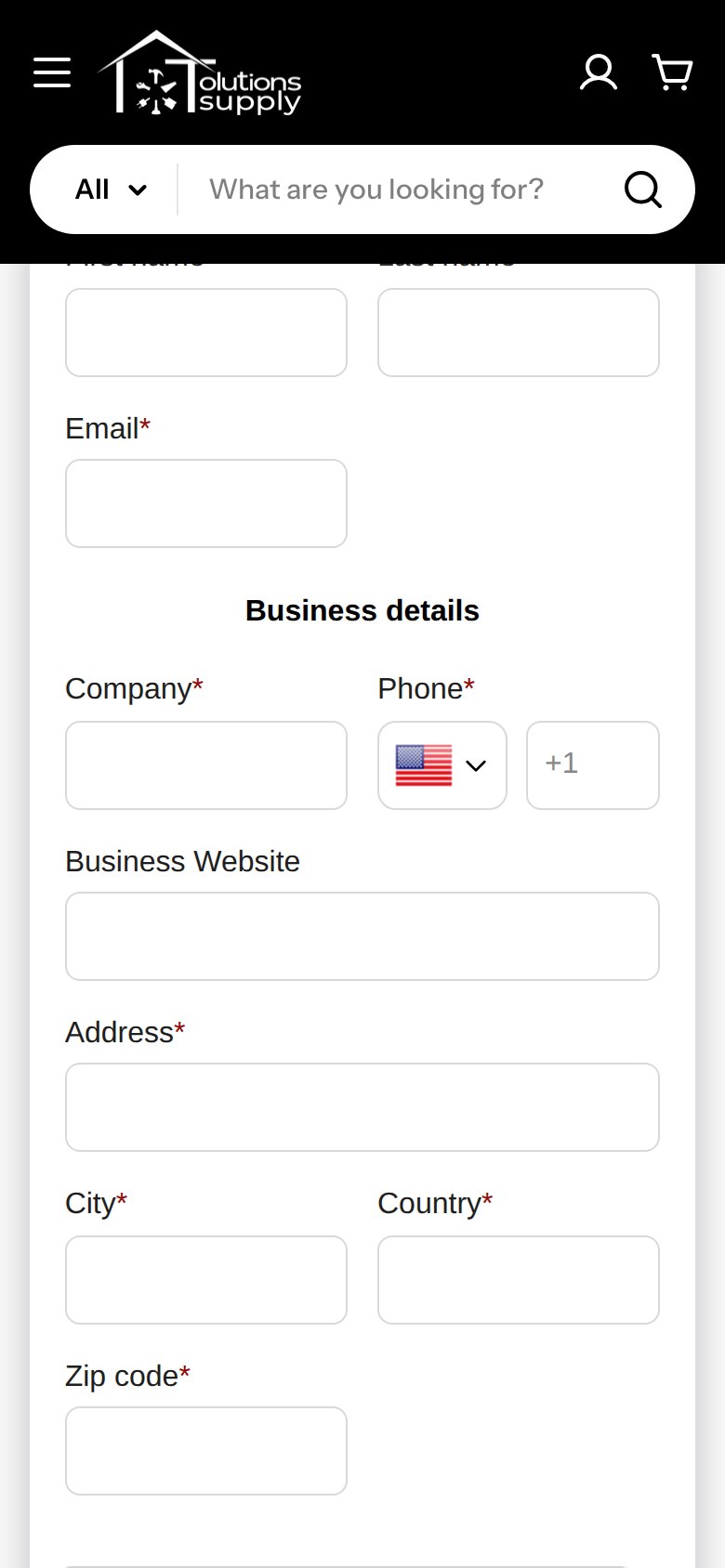 Mobile view of the Tolutions Supply B2B Pricing Signup form