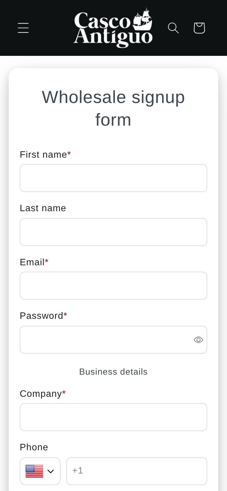 Mobile view of the Casco Antiguo USA wholesale signup form