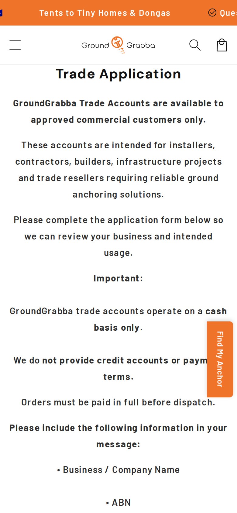 Mobile view of the GroundGrabba Trade Application page