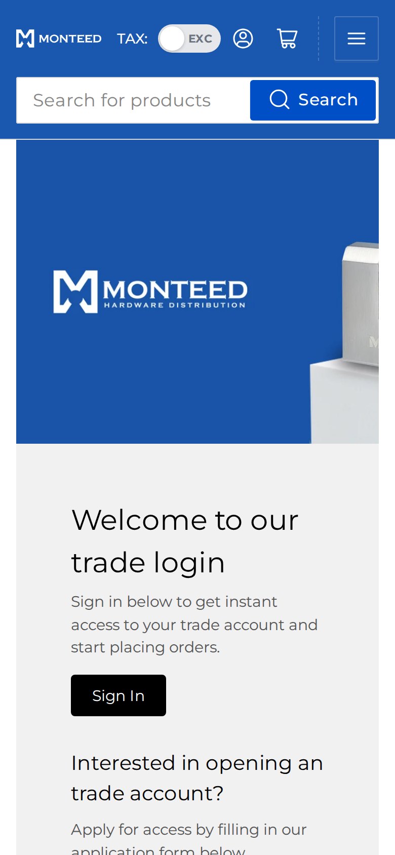 Mobile view of the Monteed trade login page