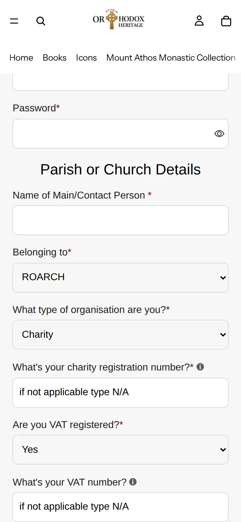 Orthodox Heritage parish registration form on a phone