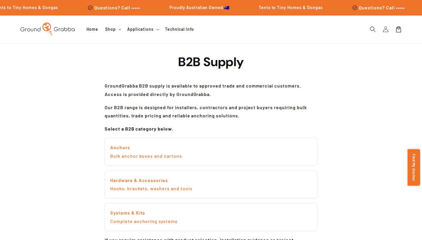 GroundGrabba B2B Supply page explaining that supply is for approved trade and commercial customers with three categories