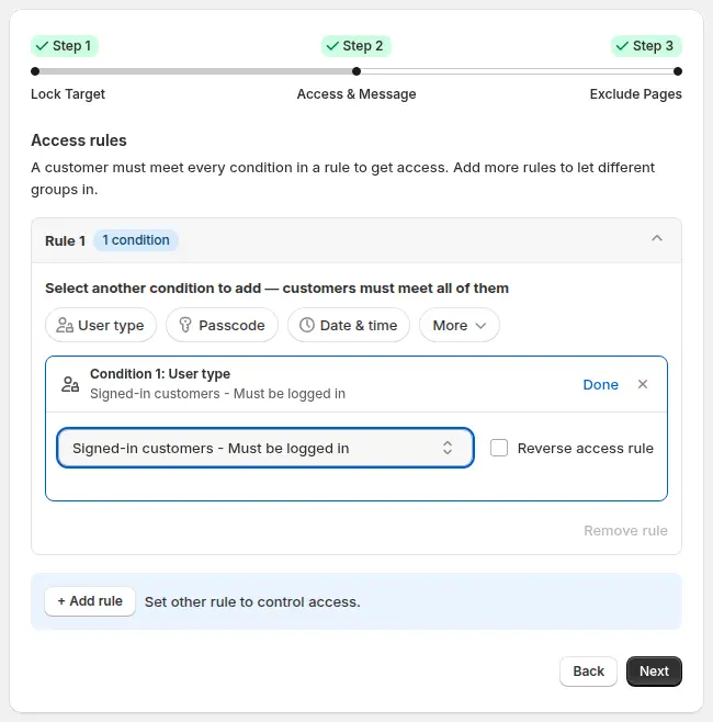 BSS B2B Lock access rule requiring signed-in customers