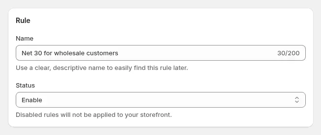 BSS B2B Solution net terms rule named Net 30 for wholesale customers