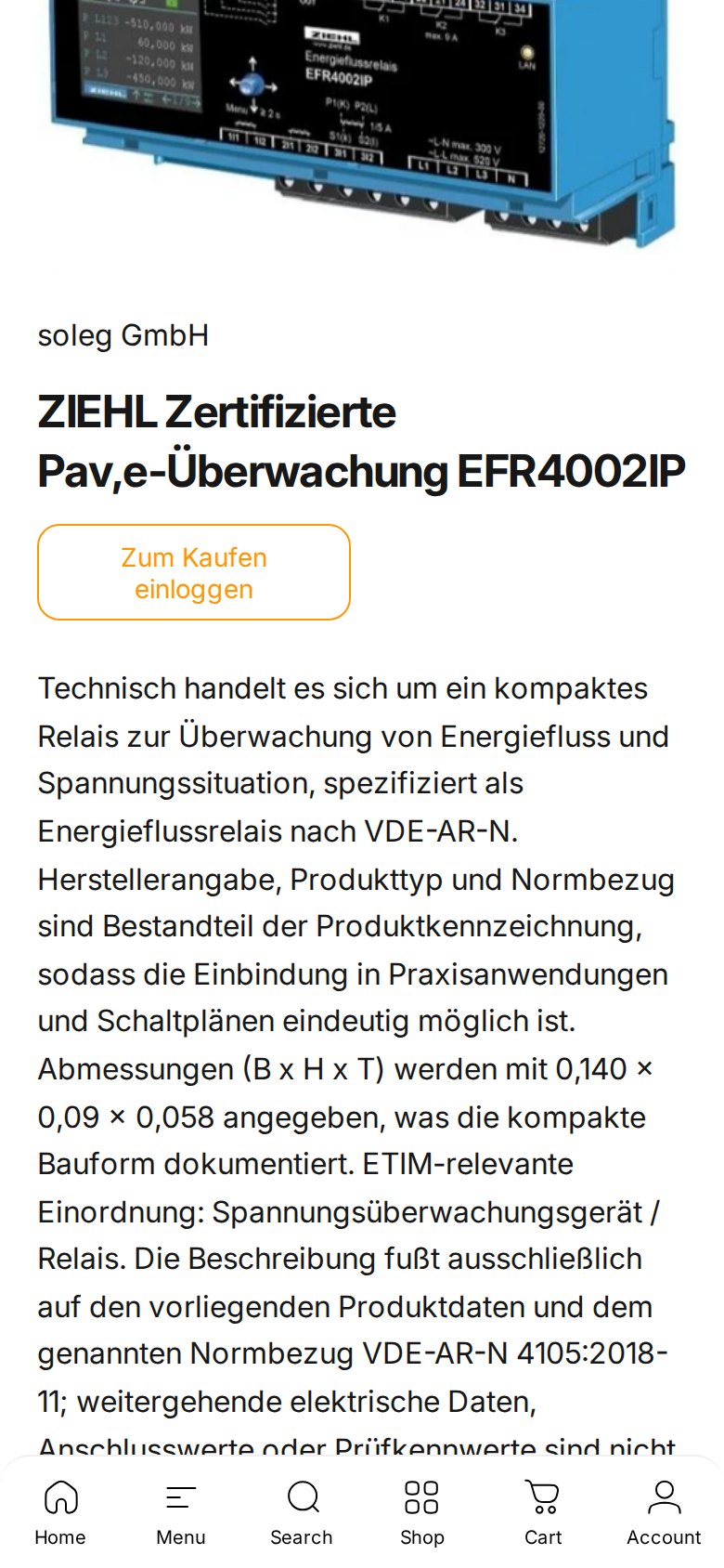 Mobile view of a soleg product page with the Log in to buy button