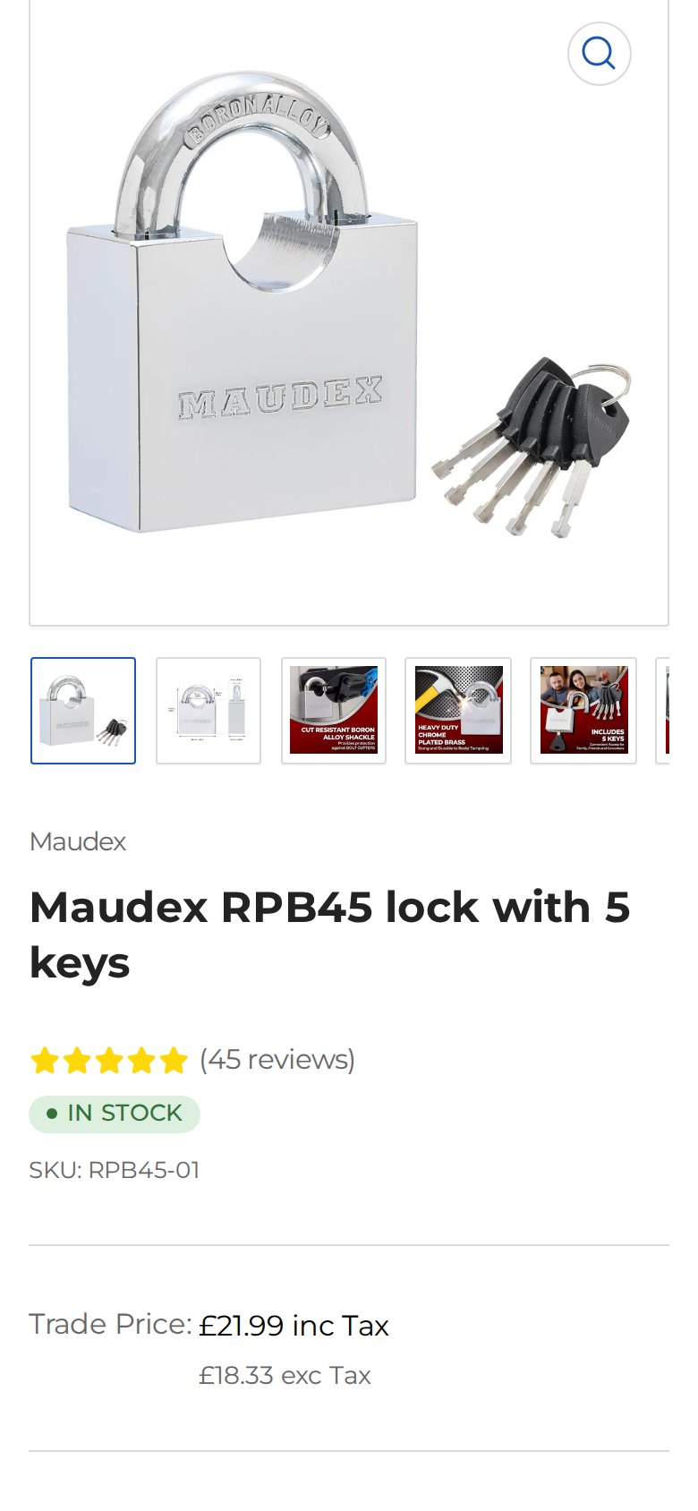 Mobile view of a Monteed padlock product page with price and stock status