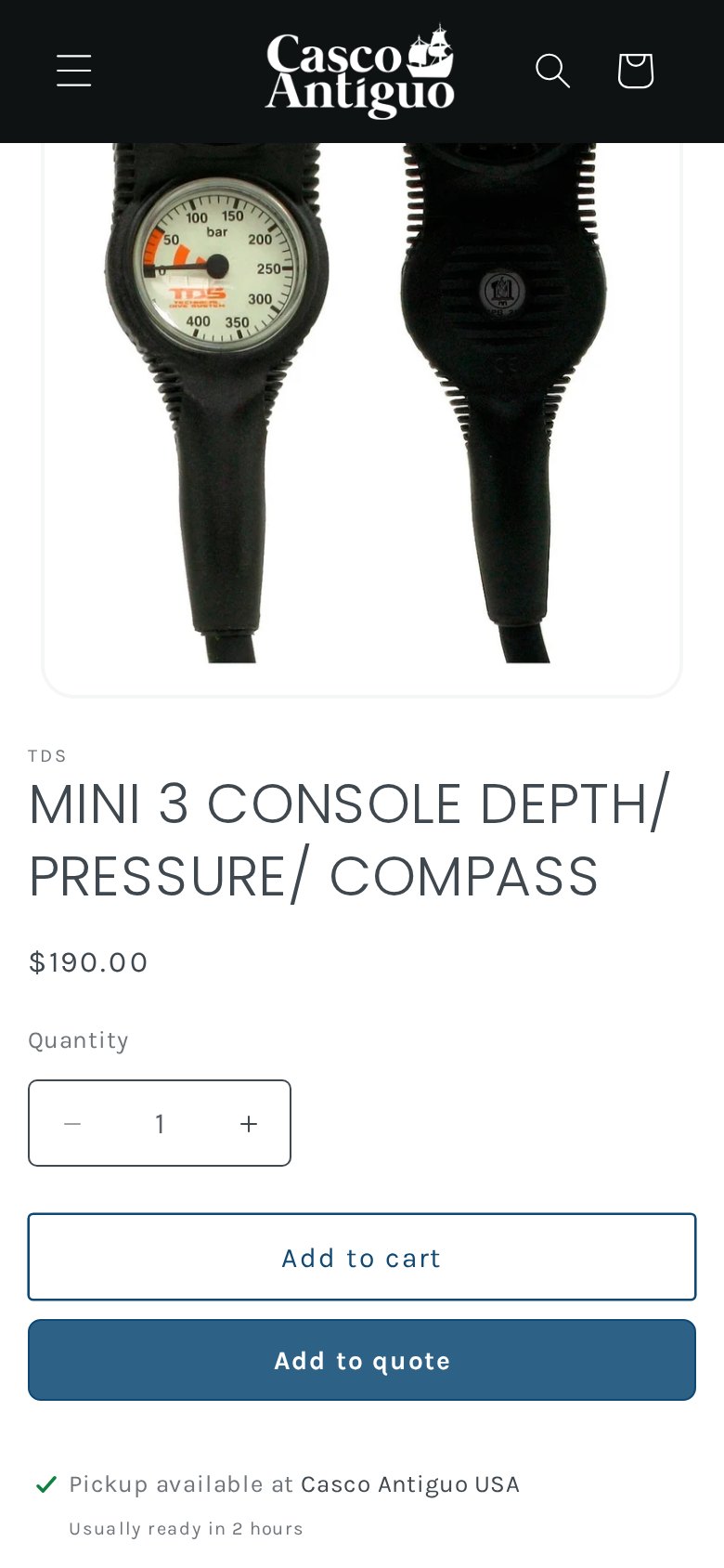 Mobile view of the Casco Antiguo USA product page with Add to cart and Add to quote buttons