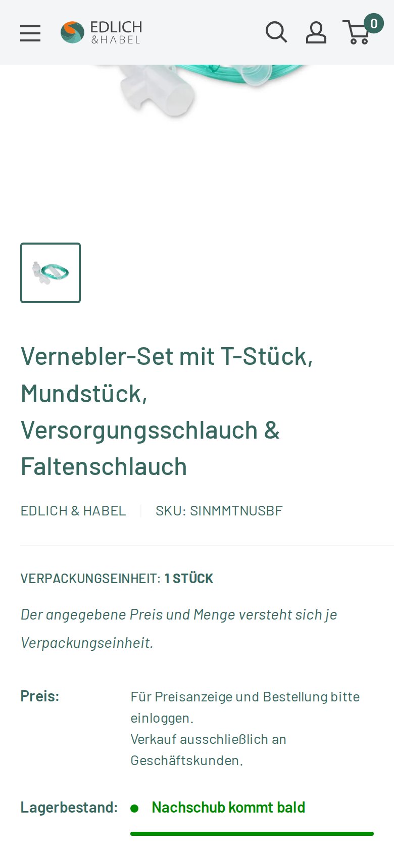Mobile view of a product page on the Edlich & Habel store with the price replaced by a login message