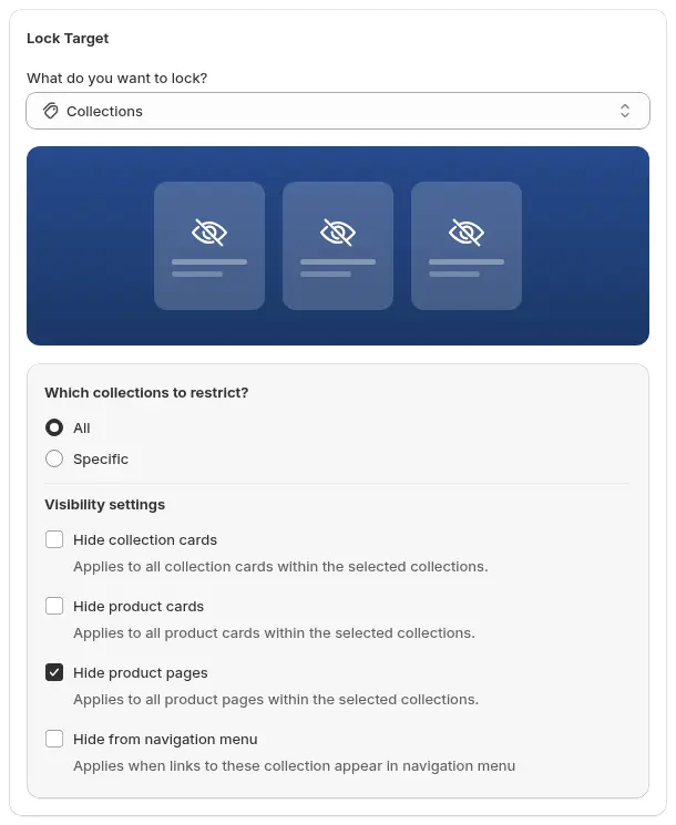BSS B2B Lock target settings for locking collections with options to hide cards and product pages