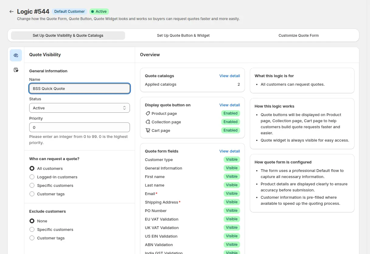 BSS B2B Quote logic screen showing who can request a quote and where quote buttons appear