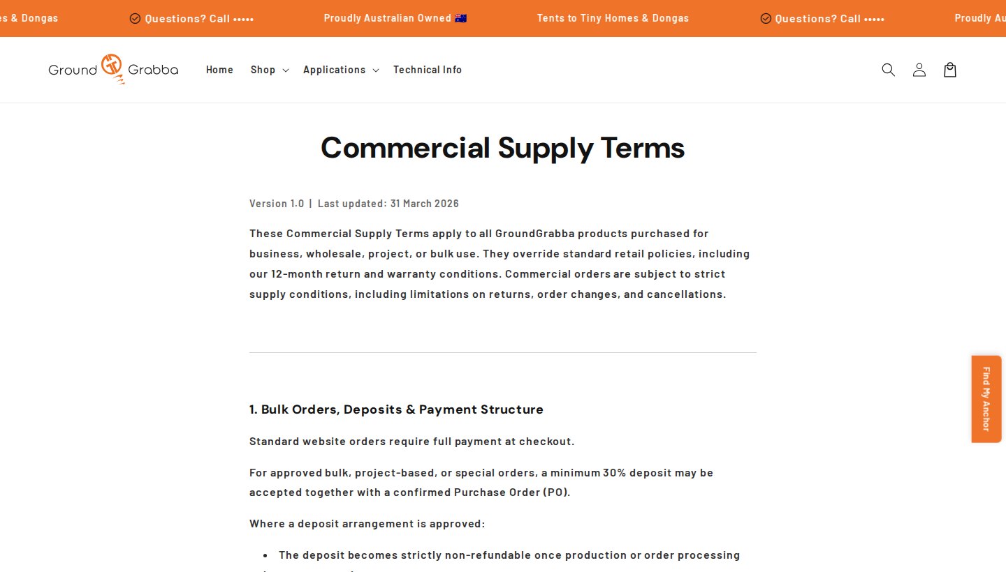 GroundGrabba Commercial Supply Terms page describing bulk order deposits and payment