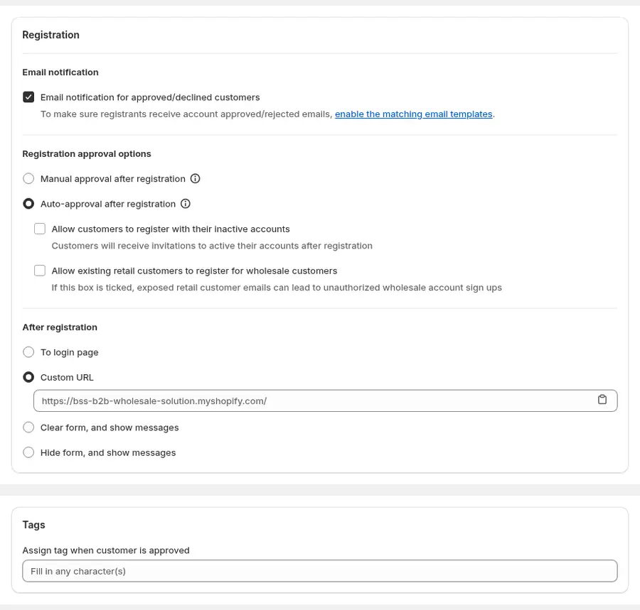 BSS B2B Solution registration settings with approval options, email notifications and a tag assigned when a customer is approved