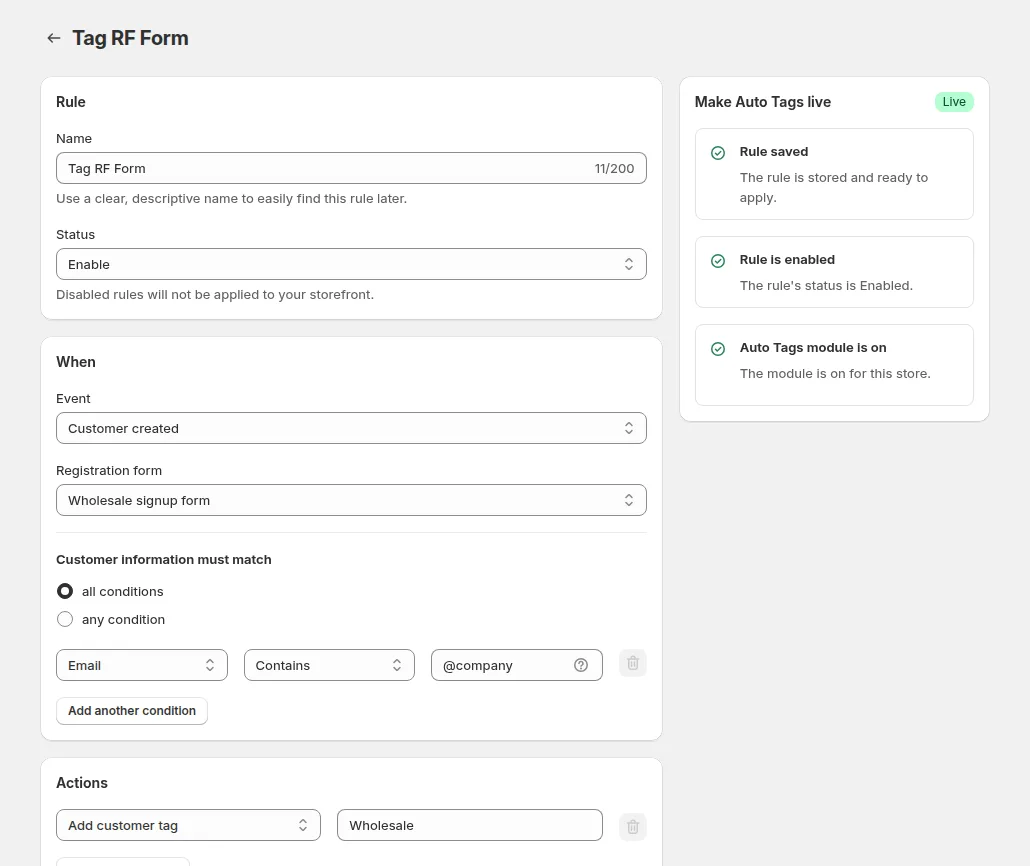 Example configuration in BSS B2B Solution: an Auto Tags rule that adds a customer tag when a customer is created from a registration form
