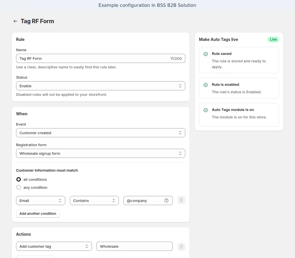 BSS B2B Solution auto tag rule that adds a Wholesale tag when a customer registers with a form