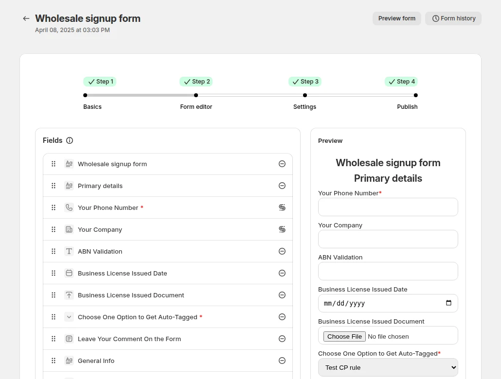BSS B2B Solution form editor listing fields including an ABN Validation field, with a live preview
