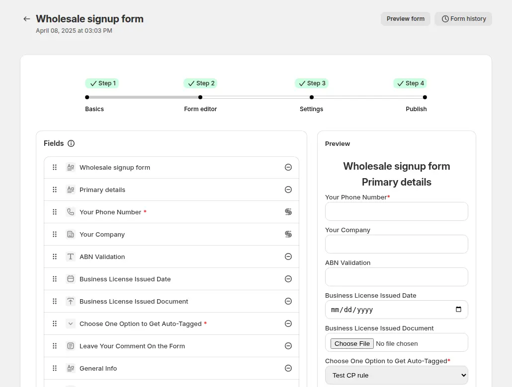 BSS B2B Solution registration form editor showing fields, a validation field and a live preview
