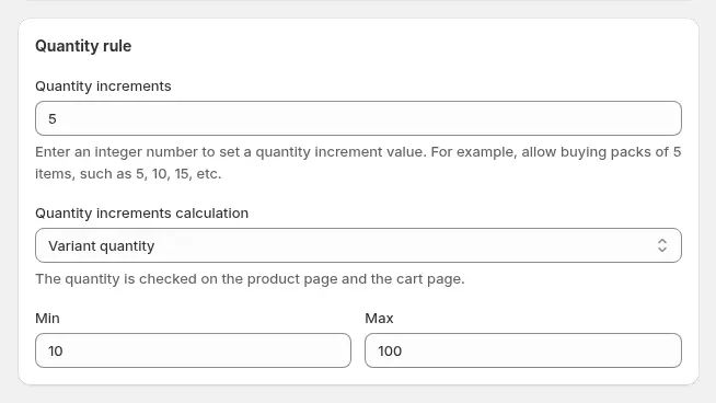 BSS B2B Solution quantity rule card with quantity increments, calculation and minimum and maximum quantity