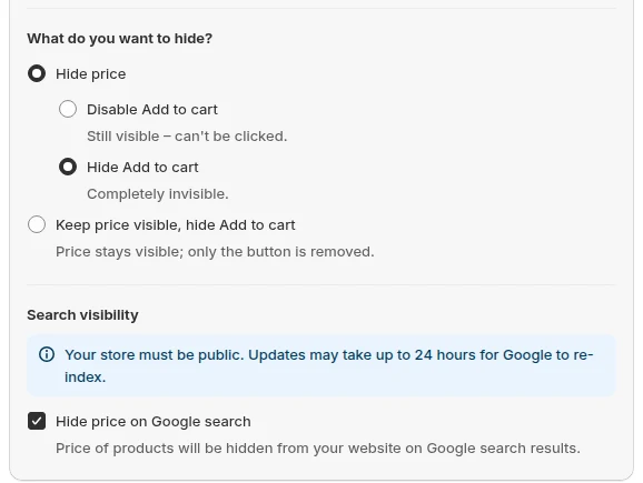 BSS B2B Lock options to hide the price, disable or hide Add to cart, and hide price on Google search
