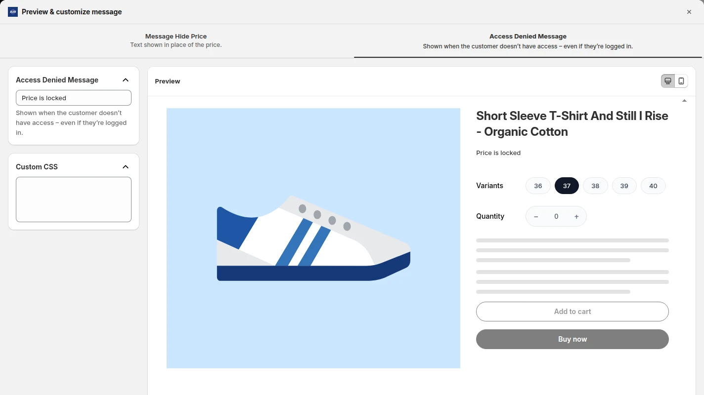 BSS B2B Lock message editor with a preview of a product page where the price is replaced by a locked-price message
