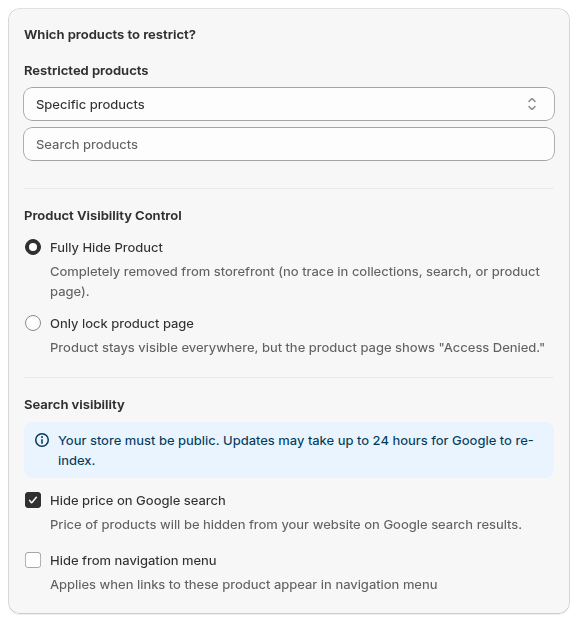 BSS B2B Lock product restriction options with Fully Hide Product and Hide price on Google search