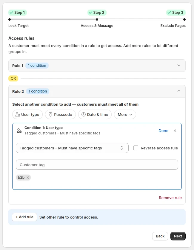 BSS B2B Lock access rules screen with a condition for tagged customers who must have a specific tag