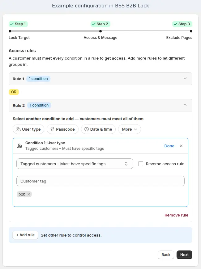 BSS B2B Lock rule options for showing content to tagged customers