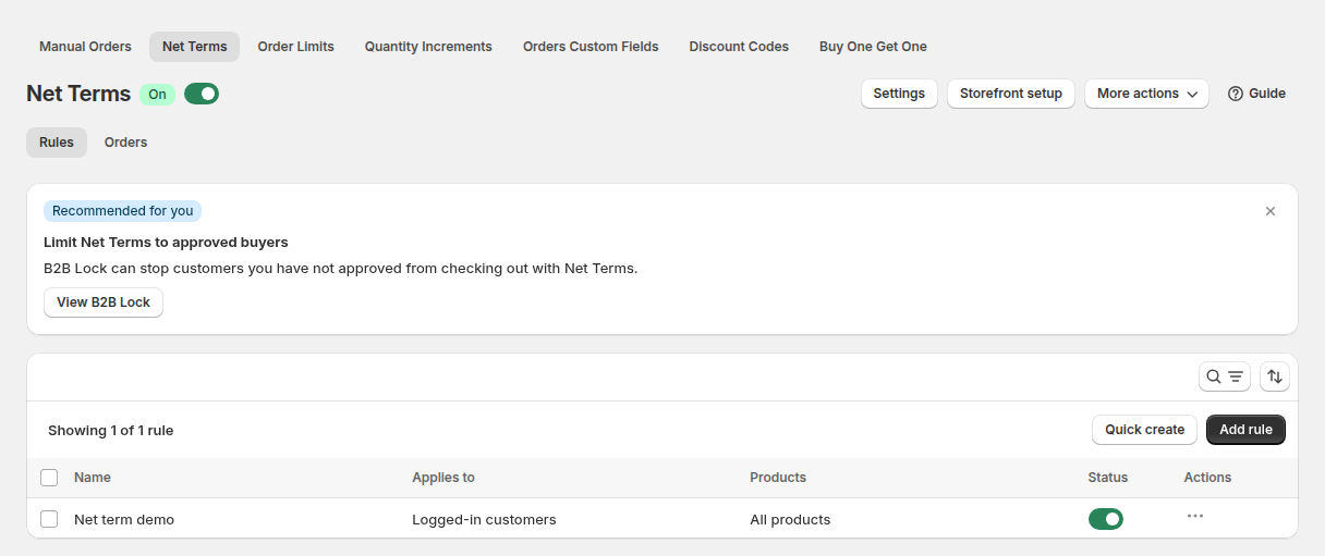 BSS B2B Solution Net Terms rule list with a rule for customers