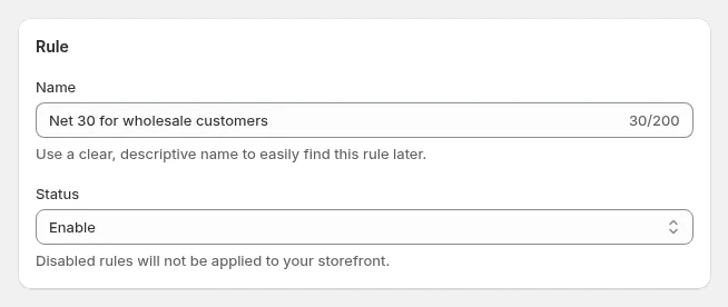 BSS B2B Solution Net Terms rule named Net 30 for wholesale customers with the status set to Enable