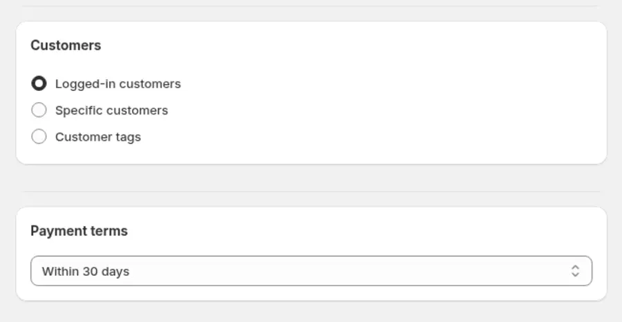 BSS B2B Solution net terms cards showing who the rule applies to and the payment terms choice
