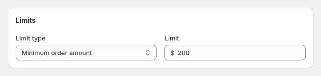 Example configuration in BSS B2B Solution: the Limits card of an order limit rule