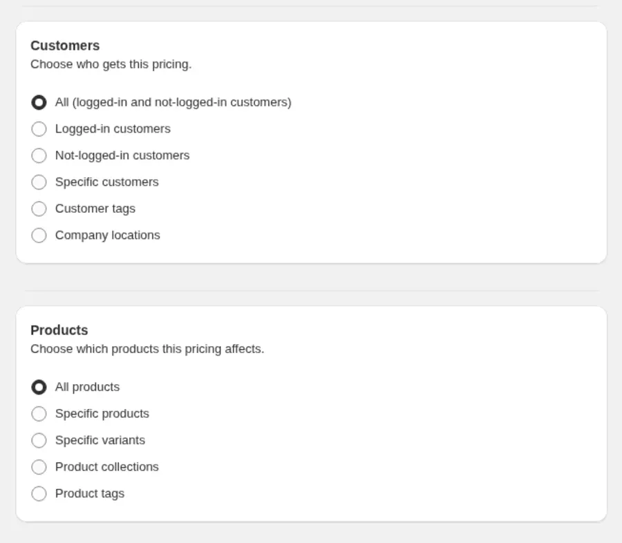 BSS B2B Solution custom pricing cards showing customer targeting choices and product targeting