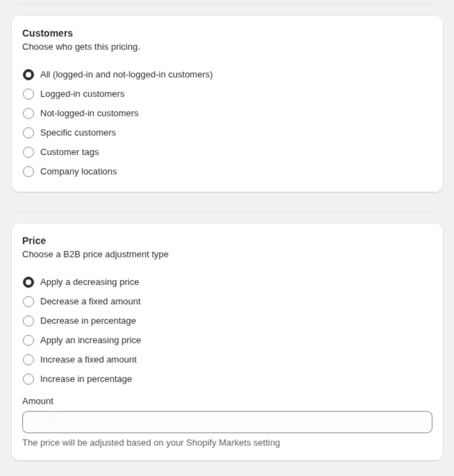 BSS B2B Solution custom pricing cards showing customer targeting by tag and the price adjustment types including apply a fixed price