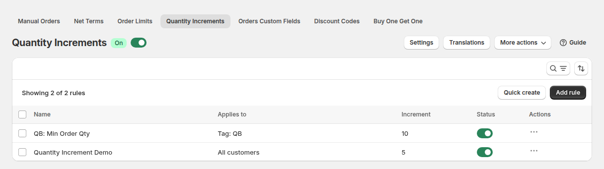 BSS B2B Solution Quantity Increments rule list with a minimum order quantity rule and an increment rule