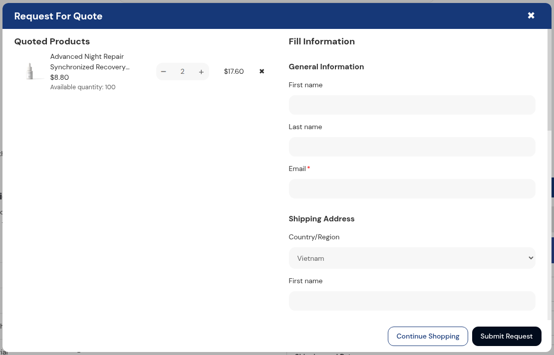 BSS B2B Quote request for quote widget showing quoted products and a form